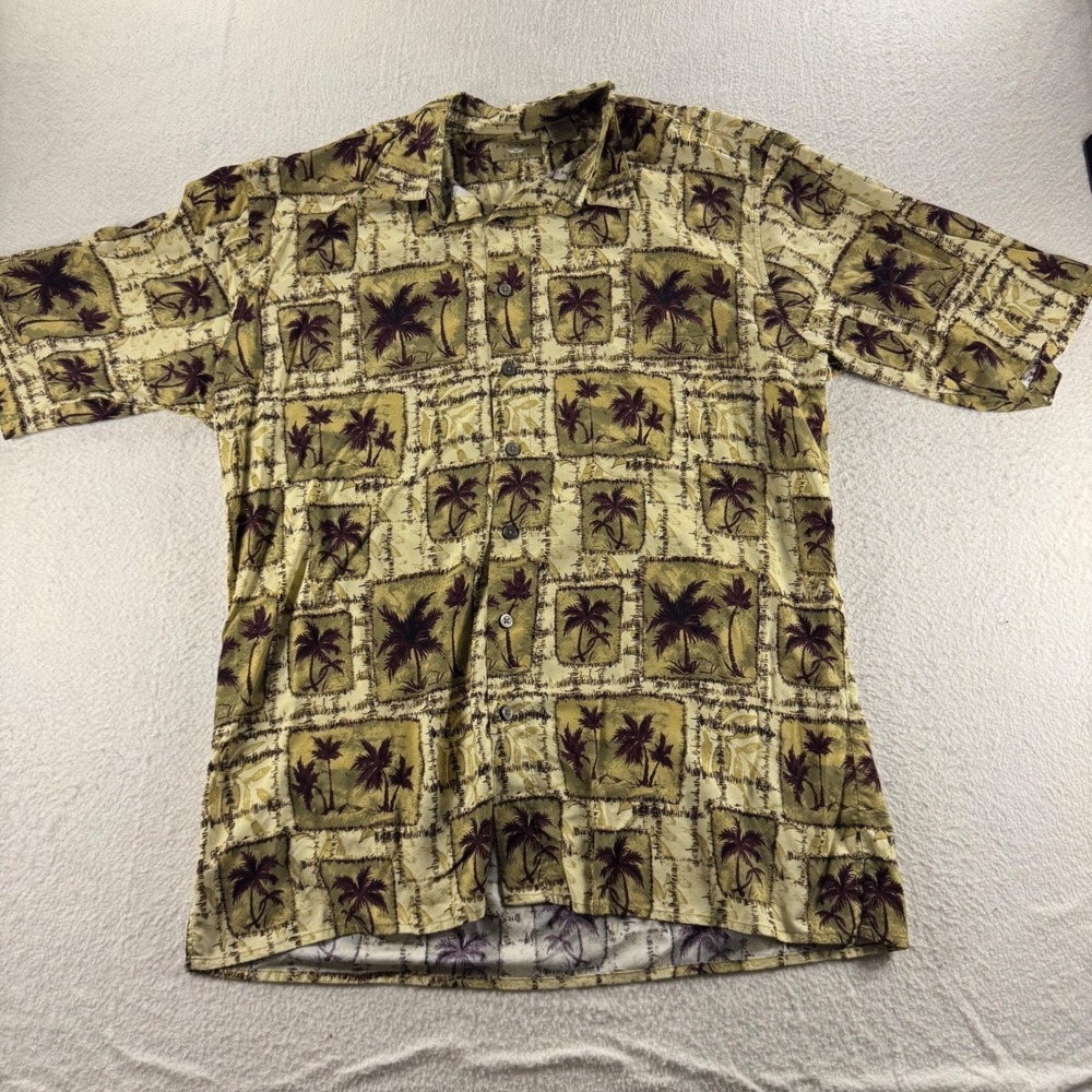 Natural Issue Button Down‎ Shirt Mens LT Olive Tan Palm Tree Rayon LT/GL Beach